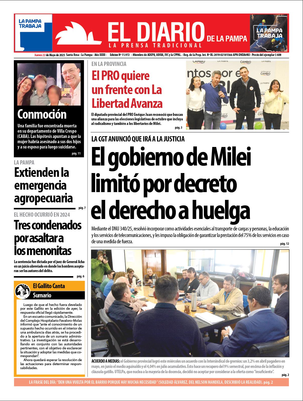 Tapa de El Diario en papel  jueves 22 de mayo de 2025